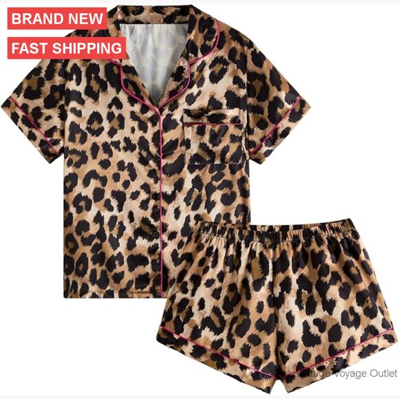 Satin Pajama Set Leopard Button Front Short Sleeve Shirt Shorts